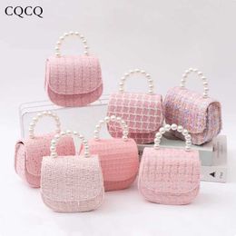 Backpacks New Wool Childrens Bag Shiny Pink Wallet and Handbag Pearl Handle Cross Body Bag Free Delivery and Girl Wallet d240516