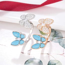 Vaned Ring Fingertip Butterfly Design New Turquoise Blue Double Series Gold Full Diamond Versatile Simple and Advanced Female with original logo box