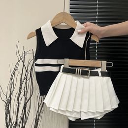 Baby Girls Knitted Polo Shirt Summer Set Latest Childrens Western style Tank Top Fashionable Pleated Skirt Two Piece Set 240515