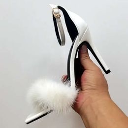 women lady 2024 ladies leather 9.5CM Stiletto high heel Sandals Cover Heel Dress shoes Feathers solid buckle peep-toe wedding party size 34-42 878b