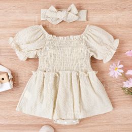 Girl's Dresses 2PCS Summer 0-2 Years Old Baby Girl Baby Soft Comfortable Cool Simple Two-Color Bubble Cheque Cloth + Headwear