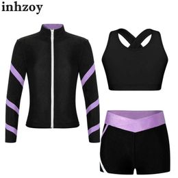 Clothing Sets Kids Girls Tracksuit Stripe Long Sleeve Sweatshirt Jacket U Neck Vest V-front Shorts for Dance Gymnastics Yoga Workout RunningL2405