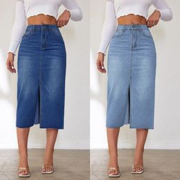 Skirts Vintage Front Split Cotton Denim Skirt Women's Jeans Spring Summer Streetwear Lady Distressed Long Sheath A-line