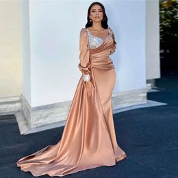 Elegant Crystal Top Mermaid Prom Dresses Sweetheart Long Sleeve Formal Gown with Detachable Train Ruched Satin Evening Dress For Arabic Dubai Females 0516