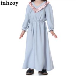 Girl's Dresses Big Girls Muslim Islamic Maxi Dress Lapel Doll Collar Long Sleeve Color Block Patchwork Long Dress Prayer Clothes Party OutfitL2405