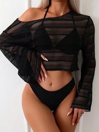 Mesh Long Sleeve Off The Shoulder Crop Top Women's 3 Pcs Set Halter Biniki Swimsuits With Cover Up Bathing Suit Beach