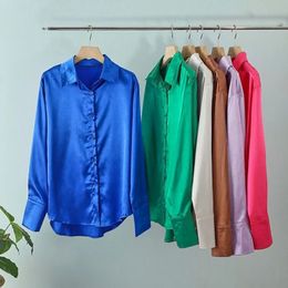 Elegant Satin Long Sleeve Blouses Women Vintage Blue Green Silk Shirt Women Casual Loose Button Up Female Shirts Tops 21066 240516