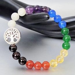 MG2165 6 MM 7 Chakra Gemstone Beads Bracelet Fashion Womens Tree of Life Stress Relief Wrist Yoga Mala