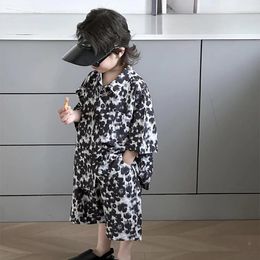 Clothing Sets Girls Summer Set 2024 Korean Black Printed Shirt And Shorts Two Pieces Casual Comfortable For Outdoor