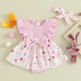 Girl's Dresses 0-18M Newborn Baby Girl Cute Bodysuit Fly Sleeve Round Neck 3D Bow Bunny Romper Dress + Flower Print Headband for Infant Toddler