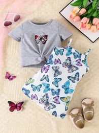 Clothing Sets 2-Piece Baby Girl Summer StyleCasual Cute Comfortable Grey Short-Sleeved Halter Dress Butterfly Print Travel Holiday Set