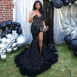 Black Prom Dresses For Woman 2024 Sheer Neck African Sequin Mermaid Party Dress With Slit Robe Gala Luxe 0516