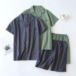 Mens Shorts Pyjamas Suit for Summer Thin Short-sleeved Shorts Cotton Simple Plaid Design Pantalon Pijama Hombre Mens Sleepwear 240516