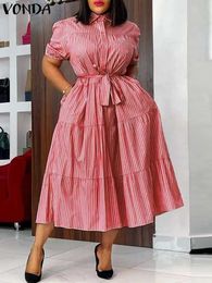 Basic Casual Dresses Plus size 5XL VONDA Womens Fashion Shirt Dress 2024 Summer Short sleeved Casual Midi Sundress Elegant Loose Striped Tank Top Belt J240516