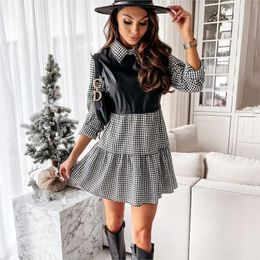 Autumn Lapel Patchwork Contrasting Printed Plaid Womens Dress LongSleeved PU Splicing ALine Mini Vestido Mujer 240513