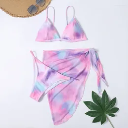 Women's Swimwear Echoine Wholesale 3 Piece Set Tie Dye Print Long Sleeve Outwear And Bikini Cover Up Mini Skirt Summer Beach Bathing Suit