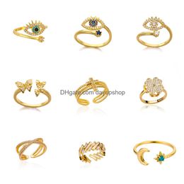 Band Rings Gold Color Luxury Rhinestones For Women Wedding Jewelry Cubic Zirconia Evil Eye Butterfly Cross Moon Star Clover Open Ring Otagq