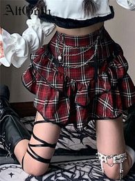 AltGoth Punk Gothic Red Plaid Skirt Women Vintage Y2k E-girl Emo Alt High Waist Cake Skirt Harajuku Fairycore Grunge Clubwear 240516