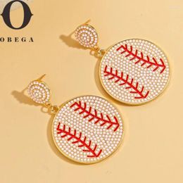Stud Earrings Obega Baseball Design Full White Beads Drop Red Colour Round Metal Gold Plating Women Sport Jewellery