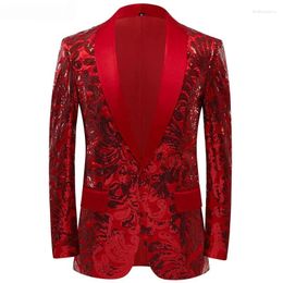 Men's Suits Shiny Red Sequins Blazer Floral Suit Jacket One Button Shawl Lapel Tuxedo Blazers Party Wedding Banquet Prom Costume Homme