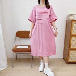 Maternity Dresses 2023 New Maternity O Neck Cotton Breastfeeding Dress Maternity Nursing Dress Pajamas Maternity Breastfeeding Short Sleeve Dress Y240516