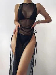 Sexy Sleeveless Off The Shoulder Crop Top Women's 3 Pcs Set Halter Biniki Swimsuits With Mesh Cover Up Bathing Suit Beach