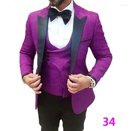 Men's Suits Purple Jacquard Jacket Black Pants Formal Wedding Men Groom Tuxedo Prom Slim Fir Blazers High Quality Custom 3 Piece Set