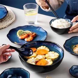 Plates Ceramic Rice Bowl Multiple Device Types Porcelain Is Fine And Shiny Space Star Bowls Dishes Blue Kiln Glaze Noodles