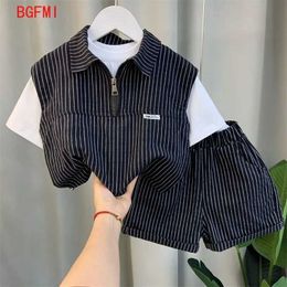 Clothing Sets Teenage Boys Summer Stripe Set Baby Childrens New Polo Set Boys Thin Short Sleeve Patch Work Shirt+Shorts 2-piece Casual Set WX