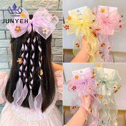Hair Accessories Student hair accessories sweet flower bow hair clip girl long ribbon chiffon hair clip childrens bucket WX