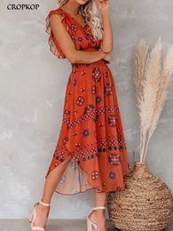 Basic Casual Dresses Summer Women Vintage Pattern Behaviour Smocked Ruffle Midi Dress Sexy Slveless Red Long Dresses 2024 Fashion Clothes For Women Y240515