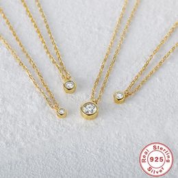 Pendants CANNER Simply Small Round Cubic Zirconia Pendant Necklace For Women 925 Sterling Silver Gold Colour Crystal Chain On Neck Jewellery