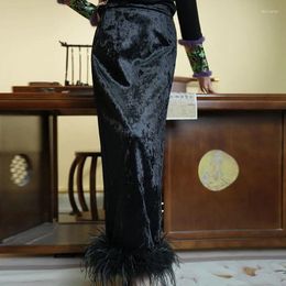Ethnic Clothing High-Quality Winter Vintage Chinese Style Black Velvet Wrapped Hip Slim Elegant Ostrich Hair Spliced Woman Half Skirt S-XXL