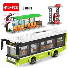 Blocks Urban transportation green blue passenger bus stops single Storey public sets models building blocks DIY toys boy gifts WX