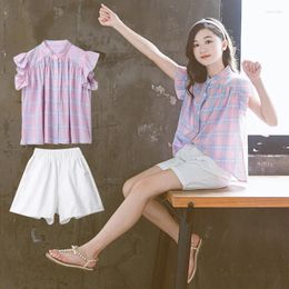 Clothing Sets Girls Summer Kids Clothes For 5 6 8 10 12 14 Year Plaid Shirt Shorts Children Teen Short Sleeve Sport Suit