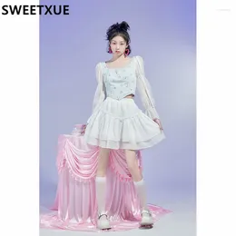 Work Dresses Summer Chiffon Sweet Two Piece Set Women Korean Square Neck Long Sleeve Crop Top Kawaii Mini Skirt Female Party Suit 2024