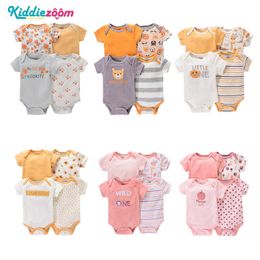 Rompers 4 baby clothing seasonal unisex cartoon short sleeved baby boys and girls tight fitting clothes cute 100% pure cotton newborn clothingL240514L240502