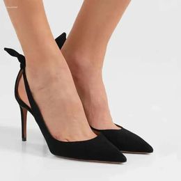 Sandals High Heels Black Suede Leather Pointed Toe Side Hollow Bowknot Design Brand Fashion Fairy Elegant Stiletto Party Pumps 323 d 1960