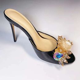 Ladies 2024 women Genuine real leather high heels summer sandals bead 3D flower Flip-flops slipper slip-on wedding dress Gladiator sexy shoes diamond size 34-43 5c30