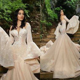 2024 Champagne Mermaid Dresses Long Sleeves Corset Back Vintage Bridal Gowns Plus Size Wedding Dress