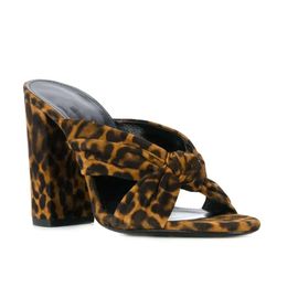 New Sheepskin Leather Suede Sandals 2024 Chunky High Heels Pumps Women Slipper Summer Peep-toe Round Open Toes Knotted Slip-on Wedding Cross Tied Leopard Print d 8066