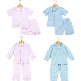 Pajamas 2024 Seersucker 100% pure cotton sewing childrens pajama set casual summer pajamas for young children boys pajamas baby girls clothing d240517