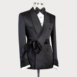 Mens Jacket Plain Black Belt Lapel Slim Custom Clothing Groomsmen Suit Fashion Casual Business Wedding Tuxedo 240514
