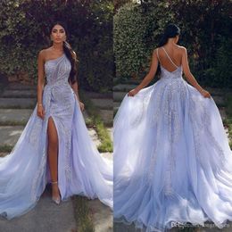 Split Mermaid Prom Dresses One Shoulder Criss Cross Straps Beads Appliques Tulle Party Gowns Sweep Train Special Occasion Dresses 3076