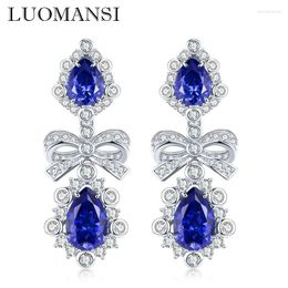 Dangle Earrings Luomansi 8 12MM Sapphire Bowknot -S925 Sterling Silver Women's Jewelry Wedding Party Crystal Gift