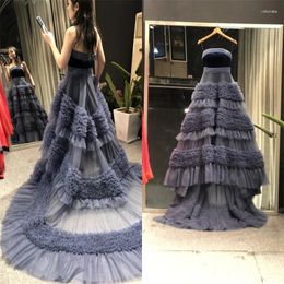 Party Dresses Real Pictures Navy Blue Strapless Pleat Sleeveless A-line Floor-Length With Train Formal Prom Dance Bridal Evening