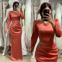 Orange Mermaid Muslim Evening Dresses Elegant Jewel Neck Long Sleeves Turkish Kaftan Dress Pleats Beading Waist Satin Special Ocn Formal Dresses For Women 0516