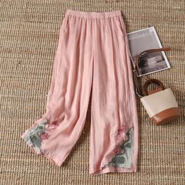 Women's Pants 2024 Summer Chinese Style Vintage Embroidered Pockets Thin High-waisted Loose Straight Solid Color Casual Wide Leg