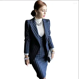 Work Dresses Women Blazer Suits Elegante With Skirt Cotton Striped Autumn Spring Dress 2 Pieces Set For Clothes T