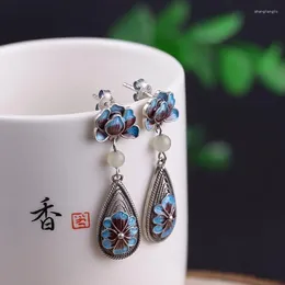 Dangle Earrings Cloisonne Stud For Women S925 Sterling Silver Vintage Chinese Style Peony Burnt Blue Silk Hetian Jade South Red Ear Ri